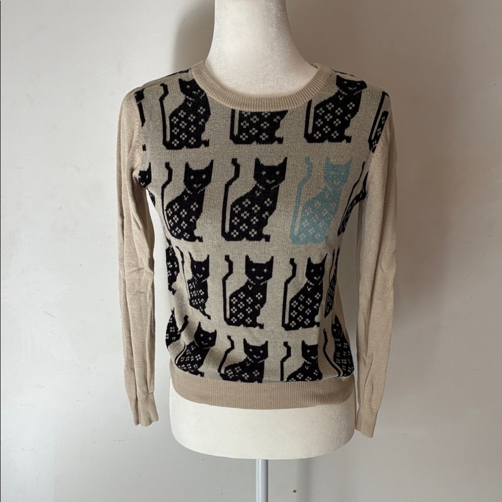 Beige Cat Print Crewneck Sweater - Women's